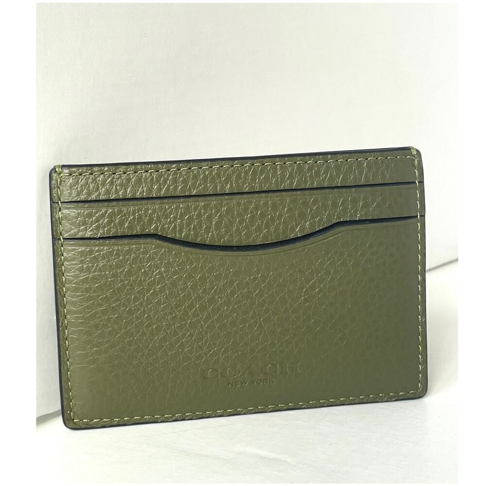 Coach Card Case Money Clip Olive Green Crossgrain Leather Mens CDC79 - Picture 3 of 8